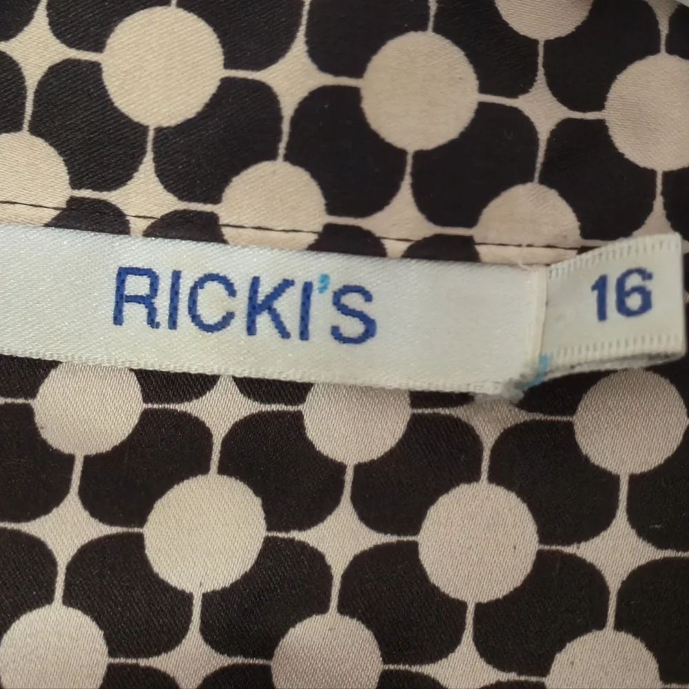 Rickis Size 16 Geometric Mod Print Brown Cream Button Down Blouse Short Sleeve 9 - Picture 3 of 13